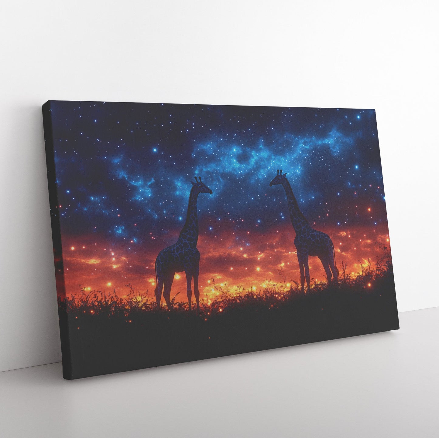 Graceful Giraffes Under Starry Twilight Sky With Glowing Grasslands Canvas Wall Art for Rustic Wildlife Decor - Awakening Righteousness