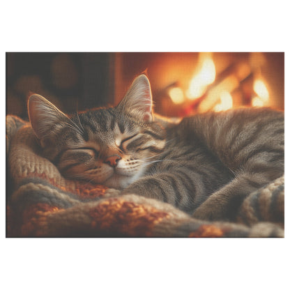 Gray Tabby Cat Sleeping Peacefully by Glowing Fireplace Cozy Blanket Warm Light Canvas Wall Art - Awakening Righteousness