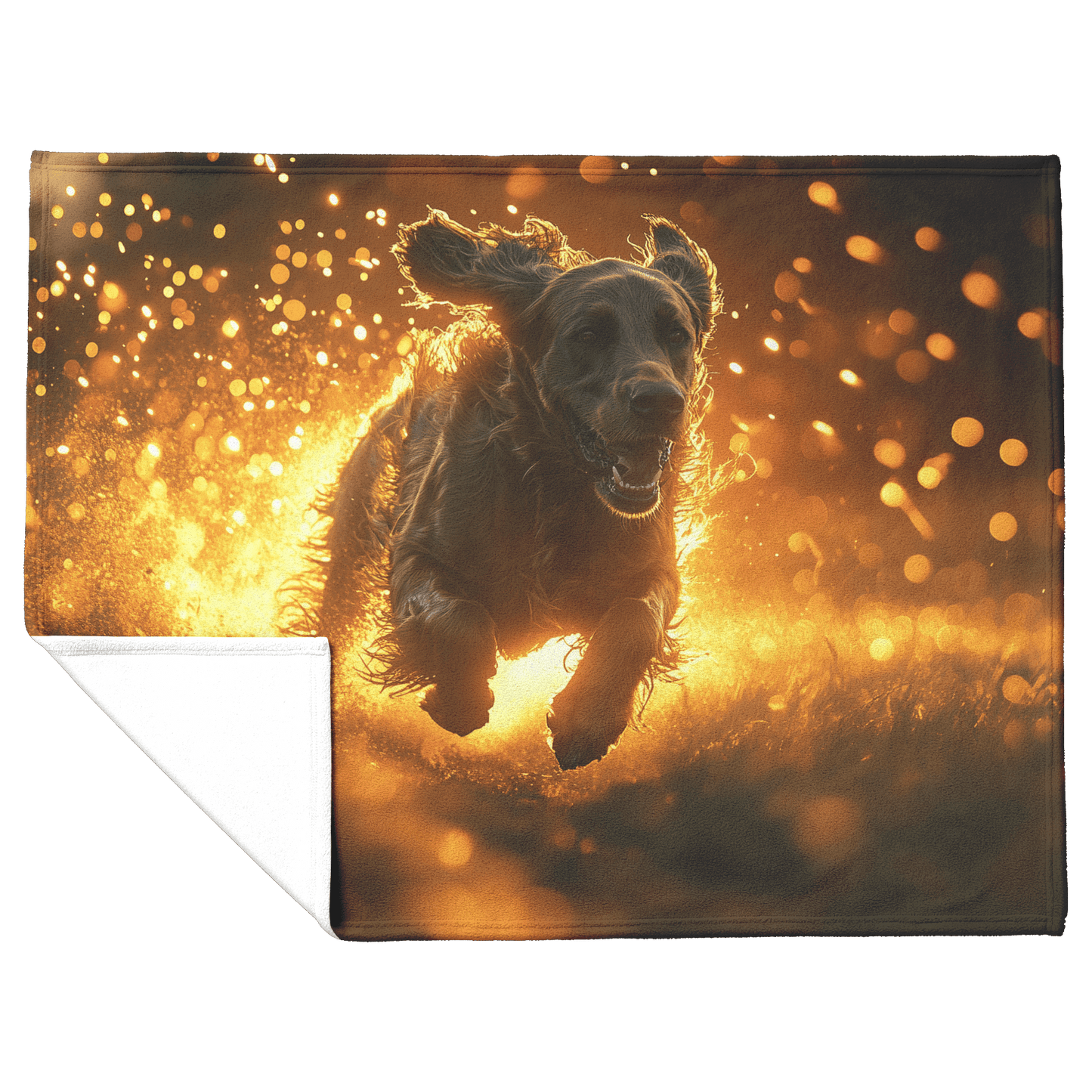 Great Dane in Mid Run Through Lush Green Field Surrounded by Shimmering Golden Textures and Glowing Light Trails Fleece Sherpa Blanket - Awakening Righteousness
