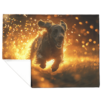 Great Dane in Mid Run Through Lush Green Field Surrounded by Shimmering Golden Textures and Glowing Light Trails Fleece Sherpa Blanket - Awakening Righteousness