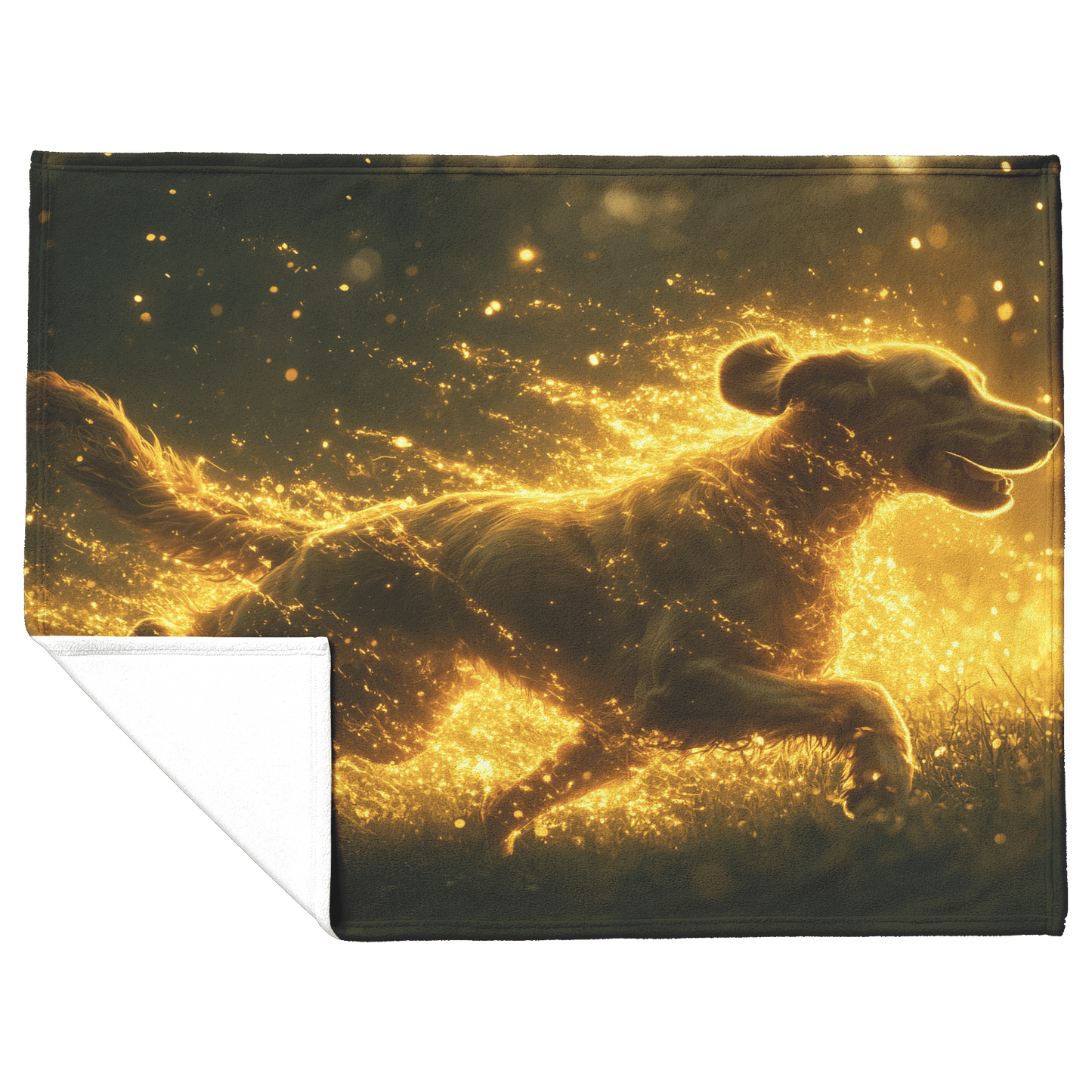 Great Dane in Mid Run Through Lush Green Field Surrounded by Shimmering Golden Textures and Glowing Light Trails Fleece Sherpa Blanket - Awakening Righteousness