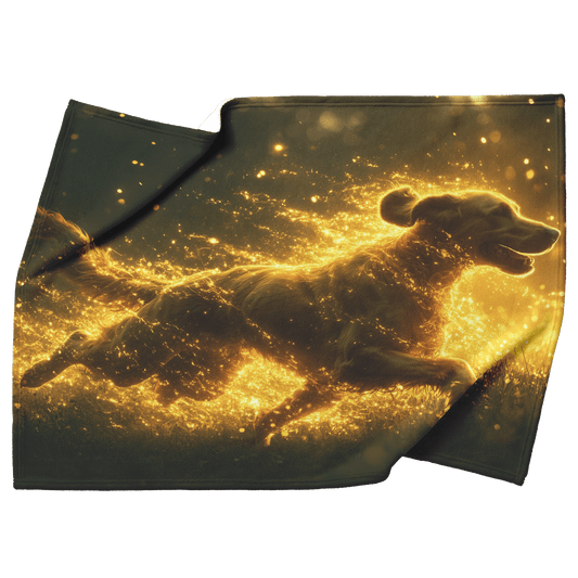 Great Dane in Mid Run Through Lush Green Field Surrounded by Shimmering Golden Textures and Glowing Light Trails Fleece Sherpa Blanket - Awakening Righteousness