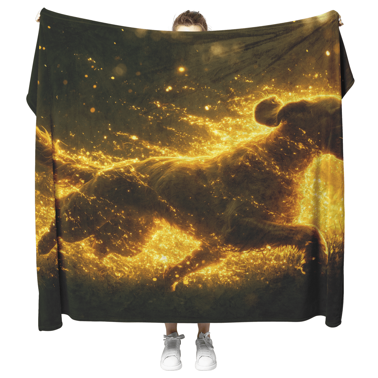 Great Dane in Mid Run Through Lush Green Field Surrounded by Shimmering Golden Textures and Glowing Light Trails Fleece Sherpa Blanket - Awakening Righteousness