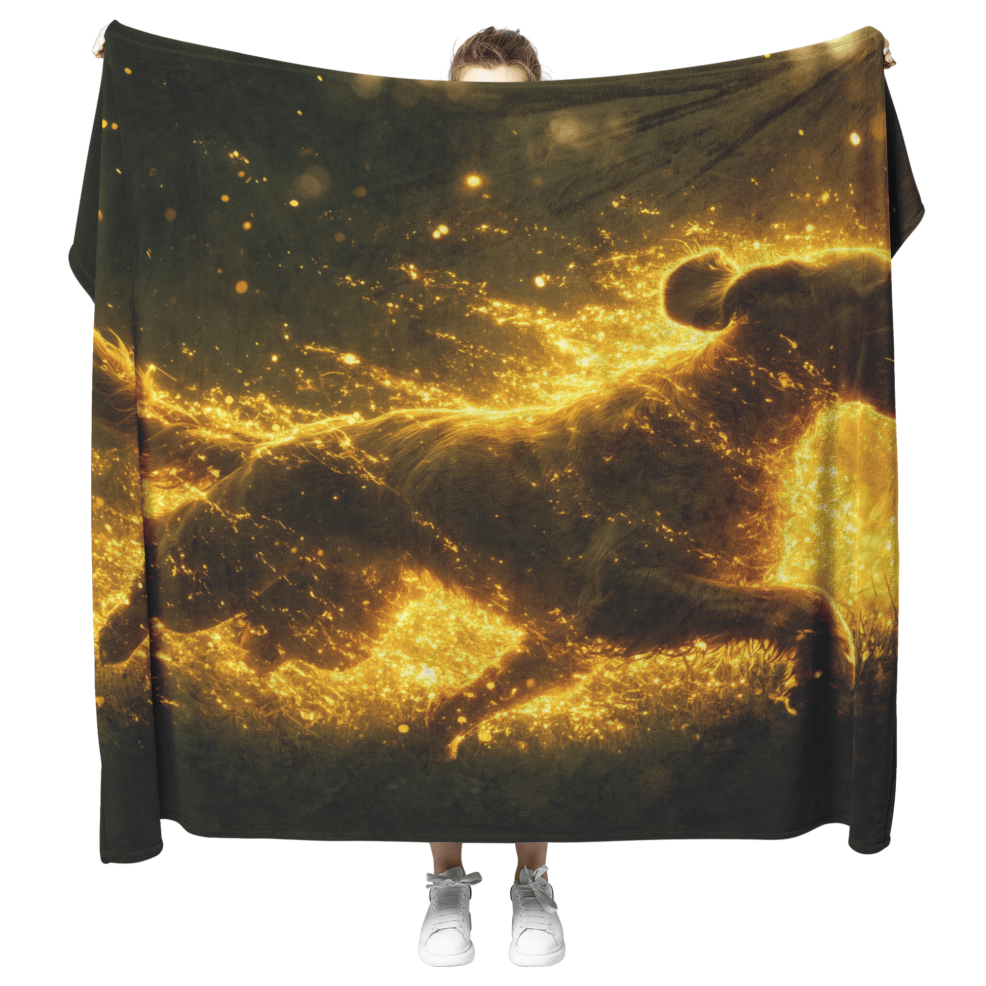 Great Dane in Mid Run Through Lush Green Field Surrounded by Shimmering Golden Textures and Glowing Light Trails Fleece Sherpa Blanket - Awakening Righteousness