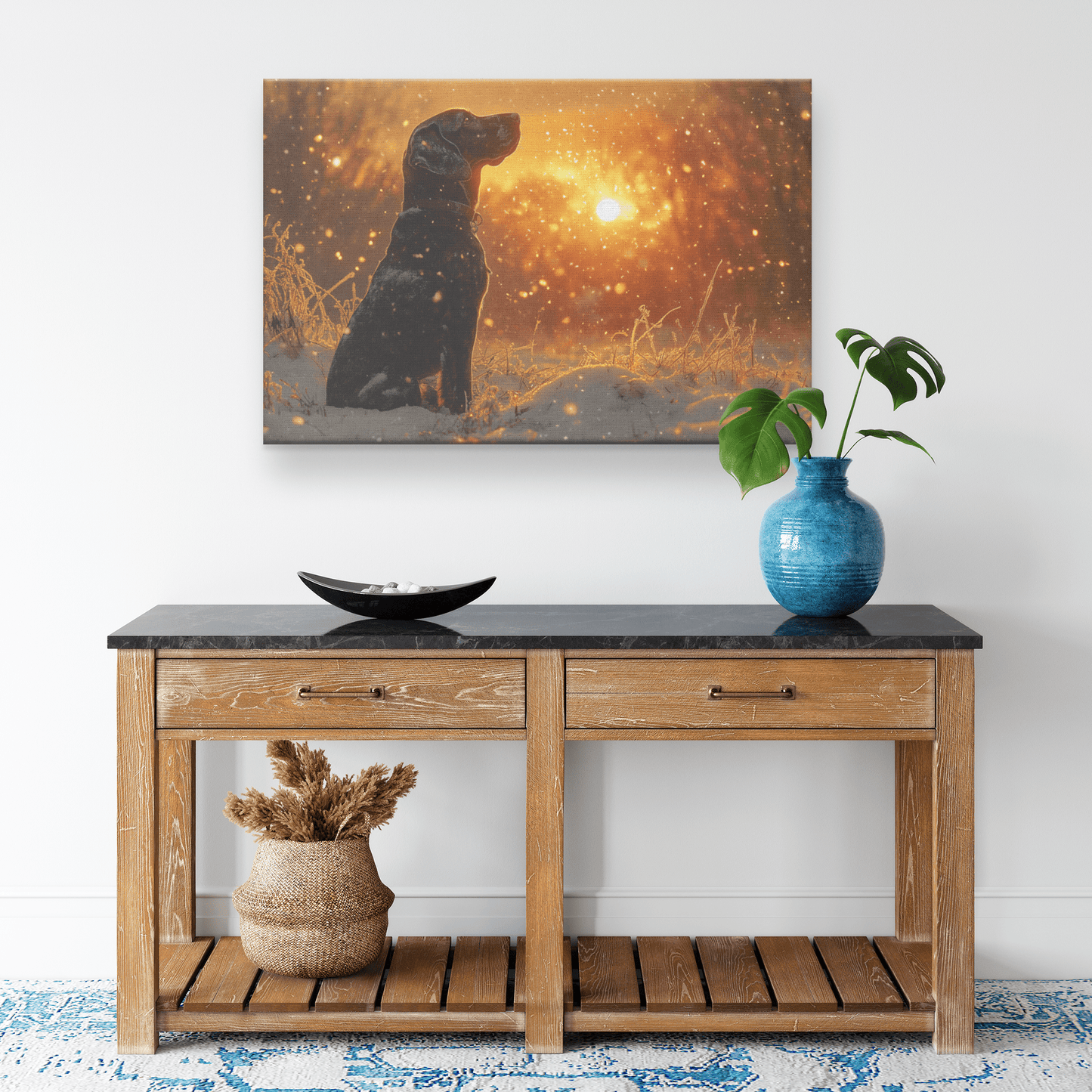 Great Dane In Snowy Forest Surrounded By Shimmering Textures And Radiant Golden Highlights Canvas Wall Art Decor - Awakening Righteousness