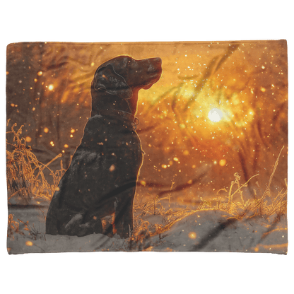 Great Dane in Snowy Forest Surrounded by Shimmering Textures and Radiant Golden Highlights Fleece Sherpa Blanket - Awakening Righteousness