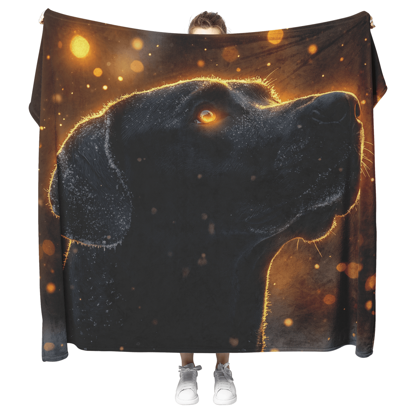 Great Dane in Snowy Forest Surrounded by Shimmering Textures and Radiant Golden Highlights Fleece Sherpa Blanket - Awakening Righteousness