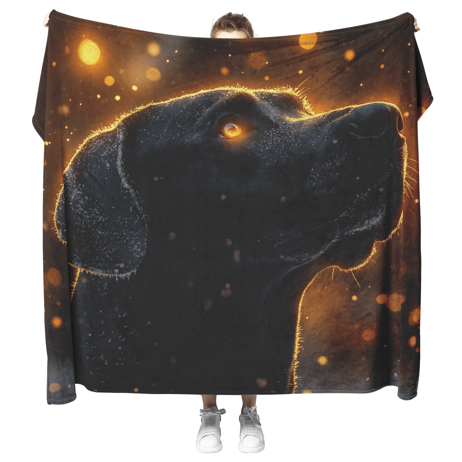Great Dane in Snowy Forest Surrounded by Shimmering Textures and Radiant Golden Highlights Fleece Sherpa Blanket - Awakening Righteousness