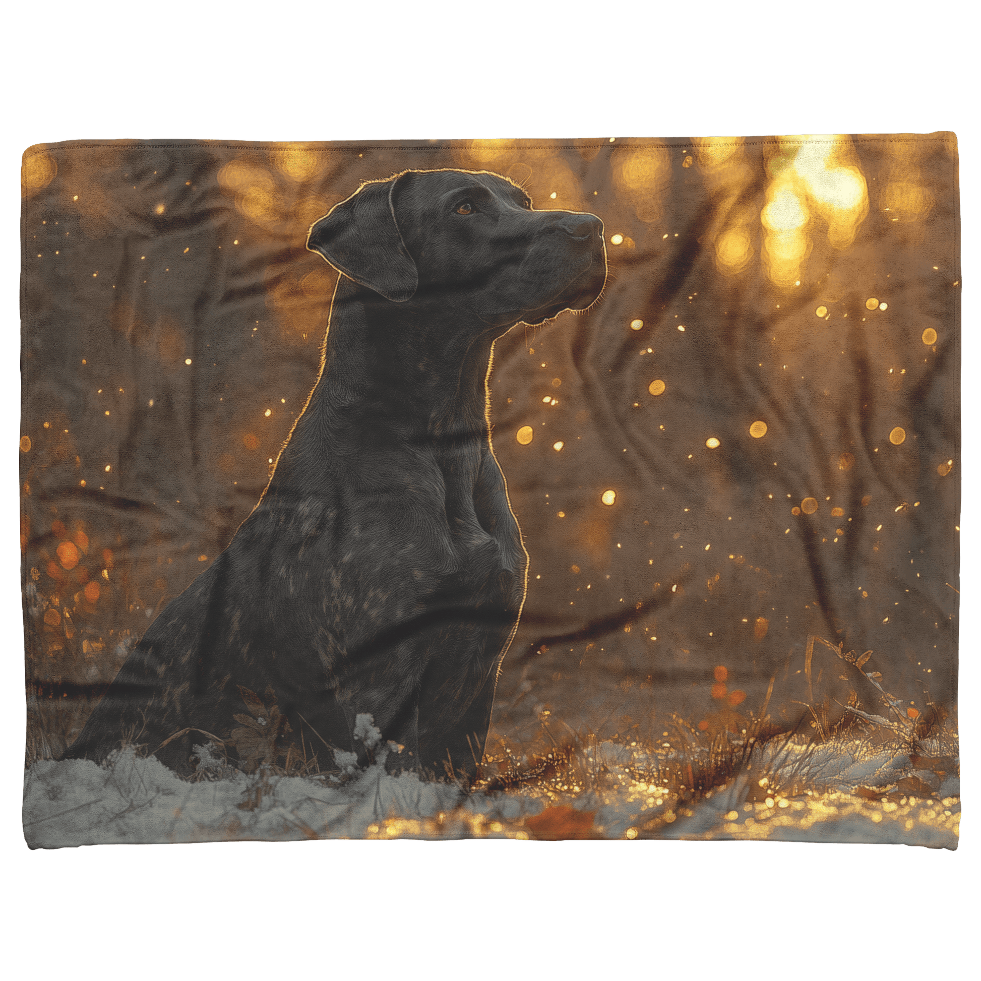 Great Dane in Snowy Forest Surrounded by Shimmering Textures and Radiant Golden Highlights Fleece Sherpa Blanket - Awakening Righteousness