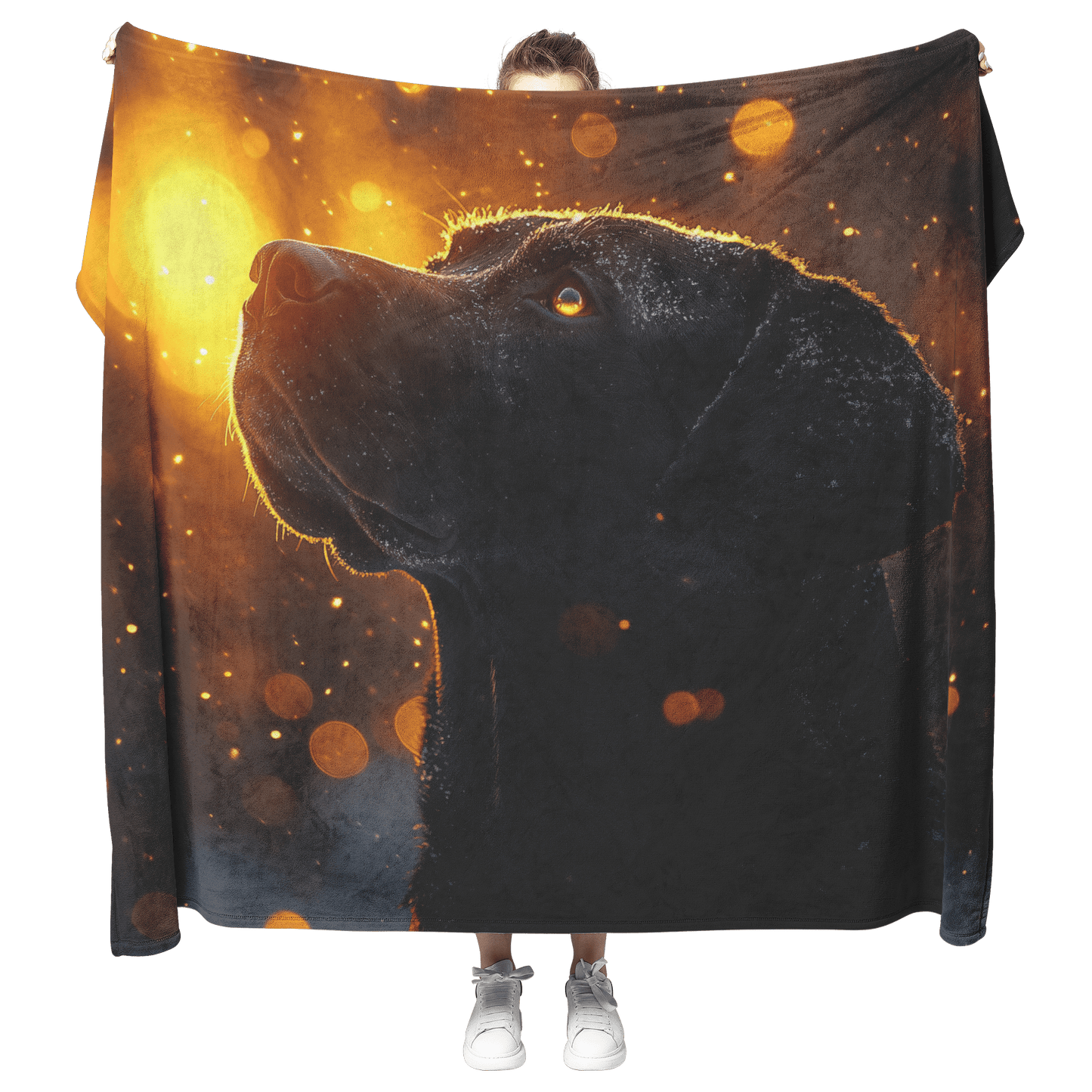 Great Dane in Snowy Forest Surrounded by Shimmering Textures and Radiant Golden Highlights Fleece Sherpa Blanket - Awakening Righteousness