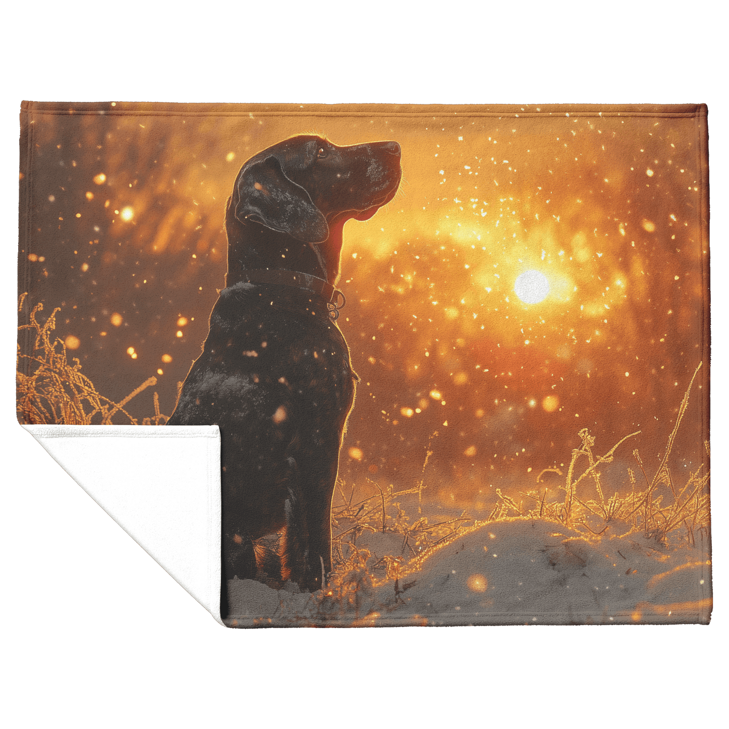 Great Dane in Snowy Forest Surrounded by Shimmering Textures and Radiant Golden Highlights Fleece Sherpa Blanket - Awakening Righteousness