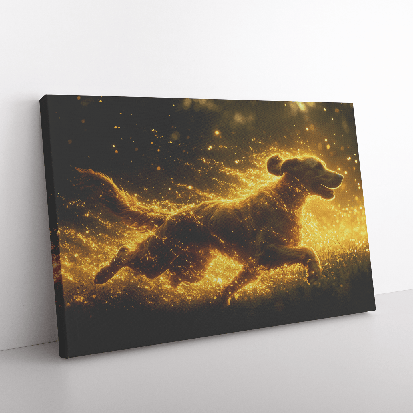 Great Dane Running Through Lush Green Field With Shimmering Golden Textures And Glowing Light Trails Canvas Wall Art Decor - Awakening Righteousness