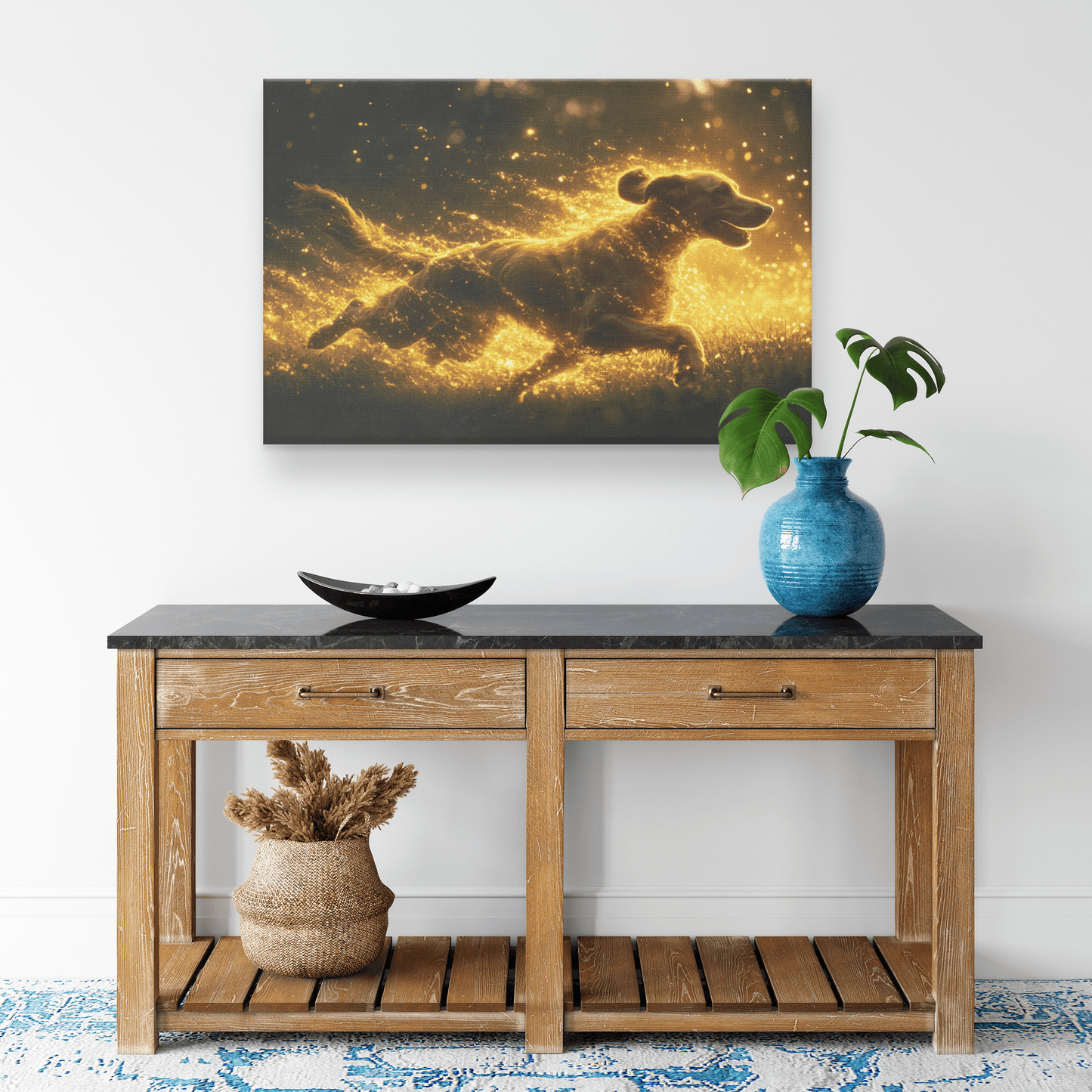 Great Dane Running Through Lush Green Field With Shimmering Golden Textures And Glowing Light Trails Canvas Wall Art Decor - Awakening Righteousness