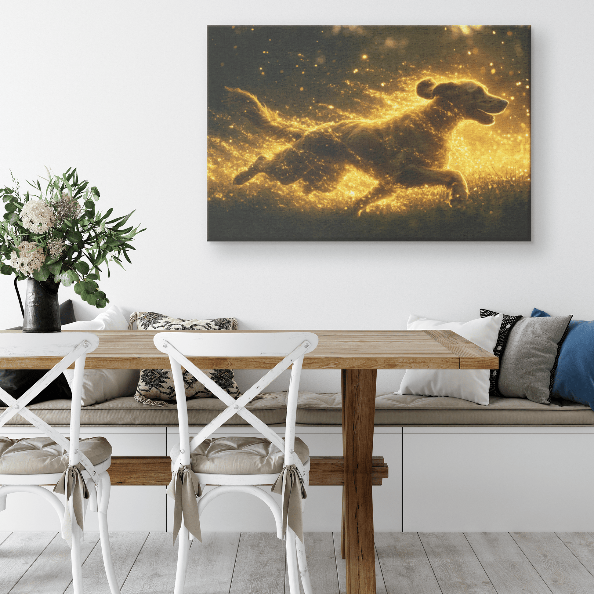 Great Dane Running Through Lush Green Field With Shimmering Golden Textures And Glowing Light Trails Canvas Wall Art Decor - Awakening Righteousness