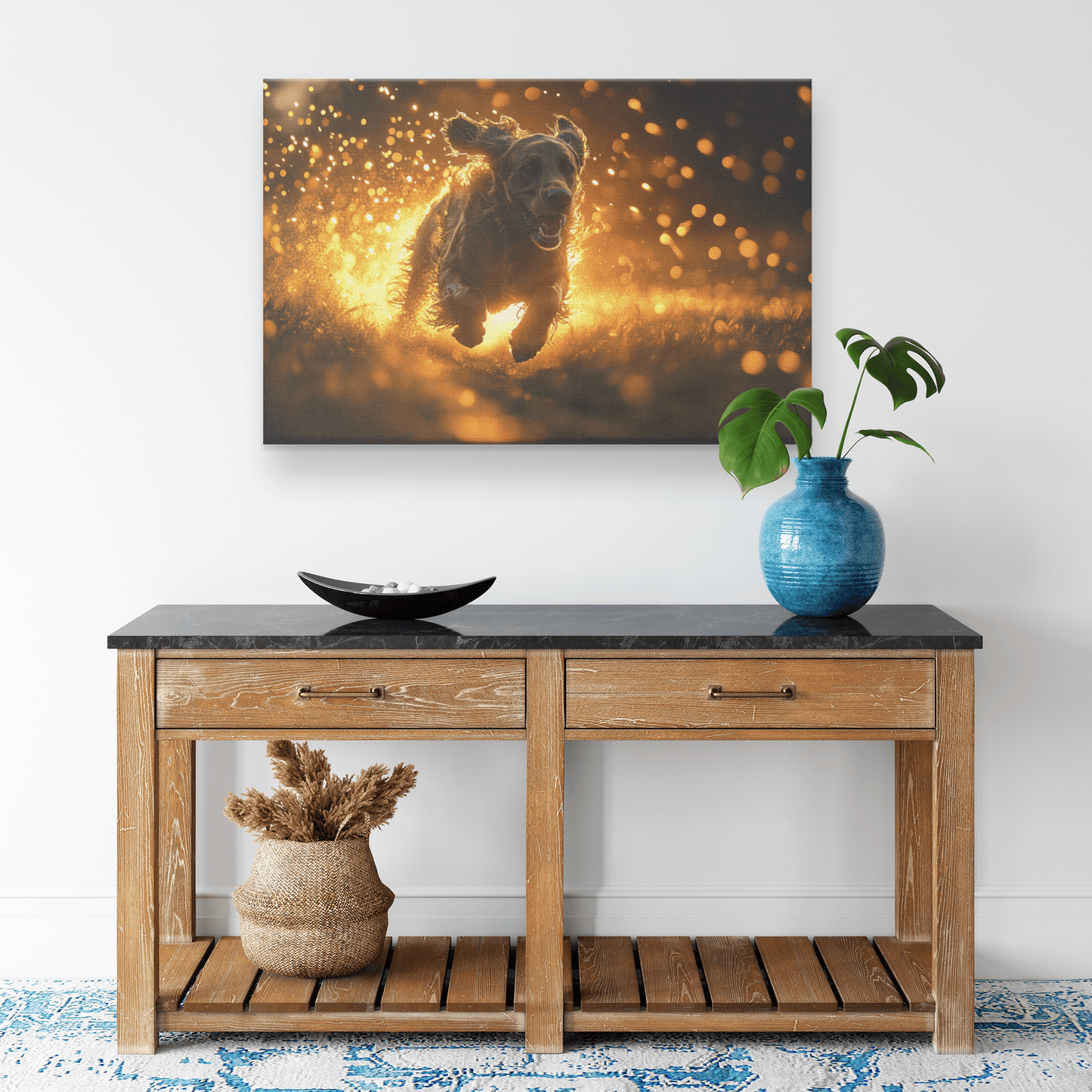 Great Dane Running Through Lush Green Field With Shimmering Golden Textures And Glowing Light Trails Canvas Wall Art Decor - Awakening Righteousness