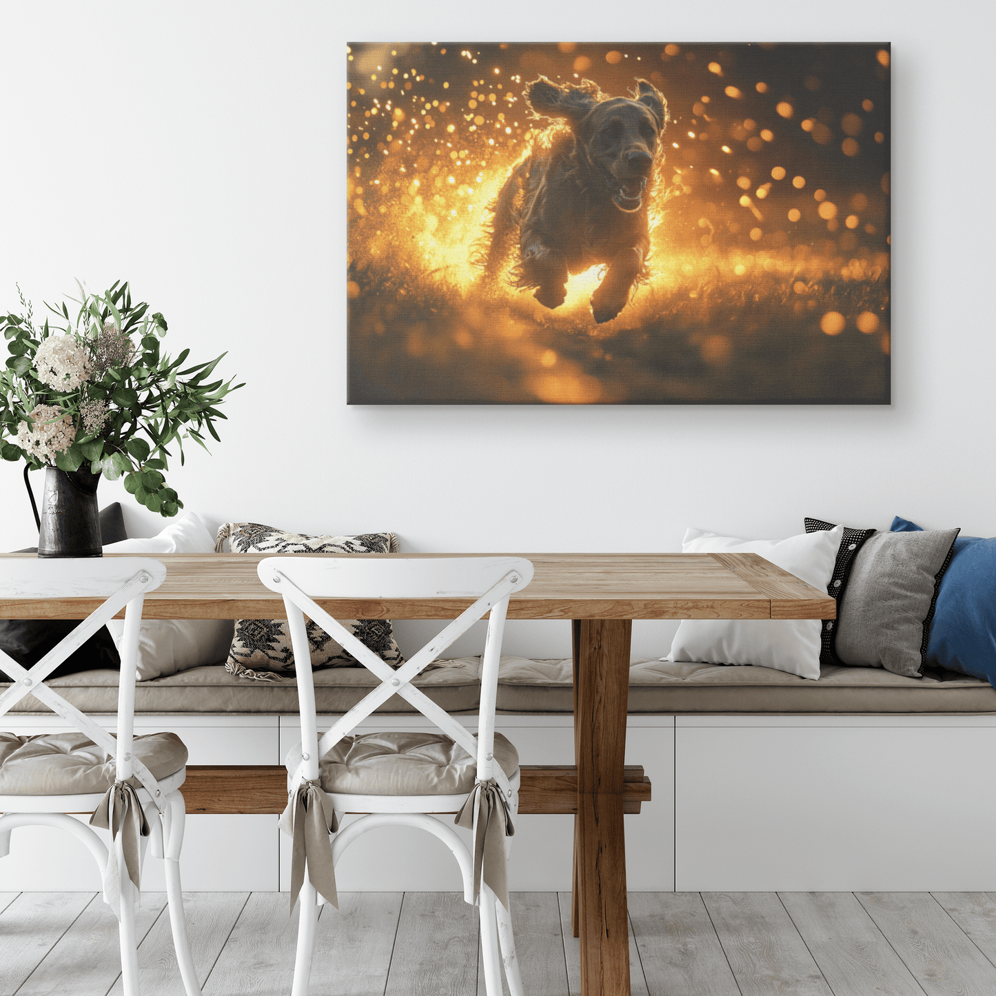 Great Dane Running Through Lush Green Field With Shimmering Golden Textures And Glowing Light Trails Canvas Wall Art Decor - Awakening Righteousness