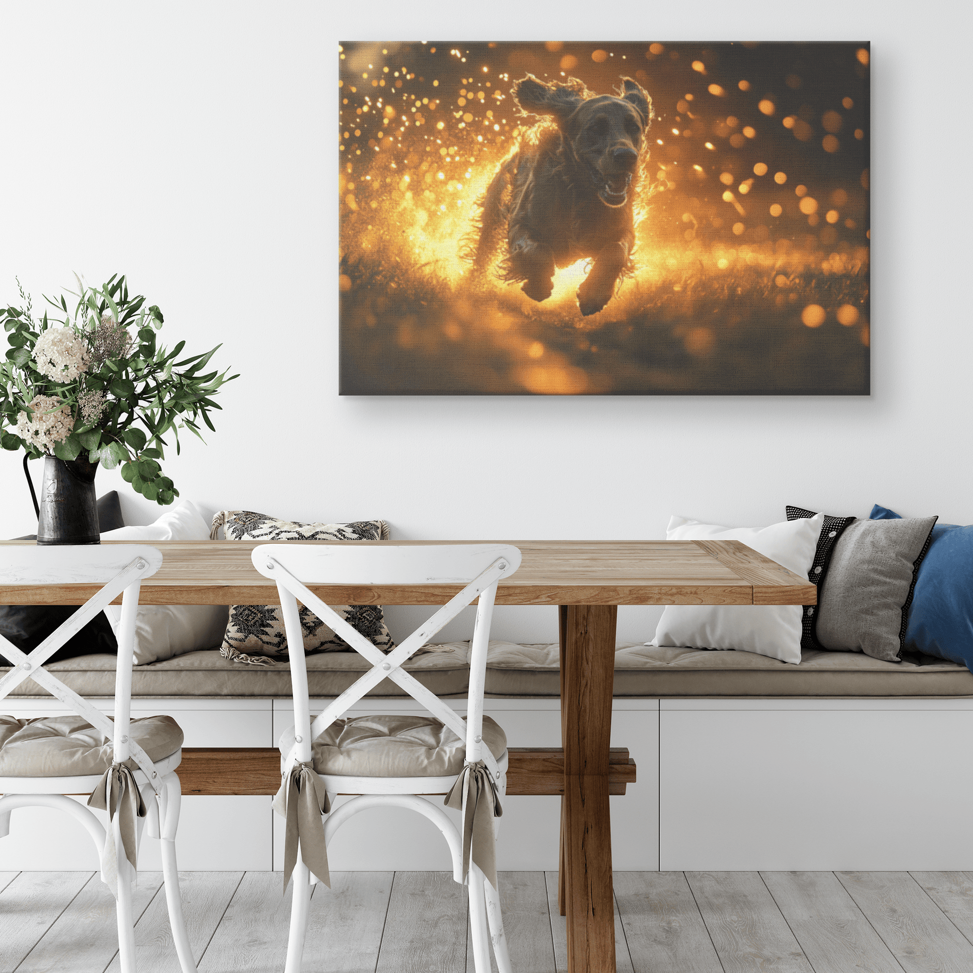 Great Dane Running Through Lush Green Field With Shimmering Golden Textures And Glowing Light Trails Canvas Wall Art Decor - Awakening Righteousness