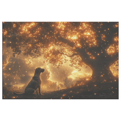 Great Dane Sitting Beneath Tree With Shimmering Cosmic Textures And Radiant Golden Light Rays Canvas Wall Art Decor - Awakening Righteousness