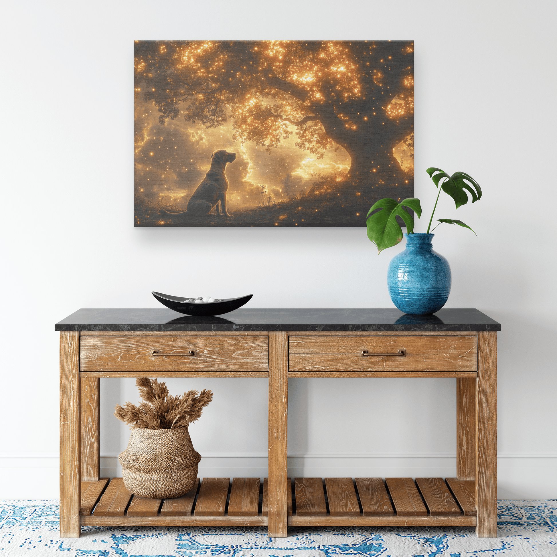 Great Dane Sitting Beneath Tree With Shimmering Cosmic Textures And Radiant Golden Light Rays Canvas Wall Art Decor - Awakening Righteousness