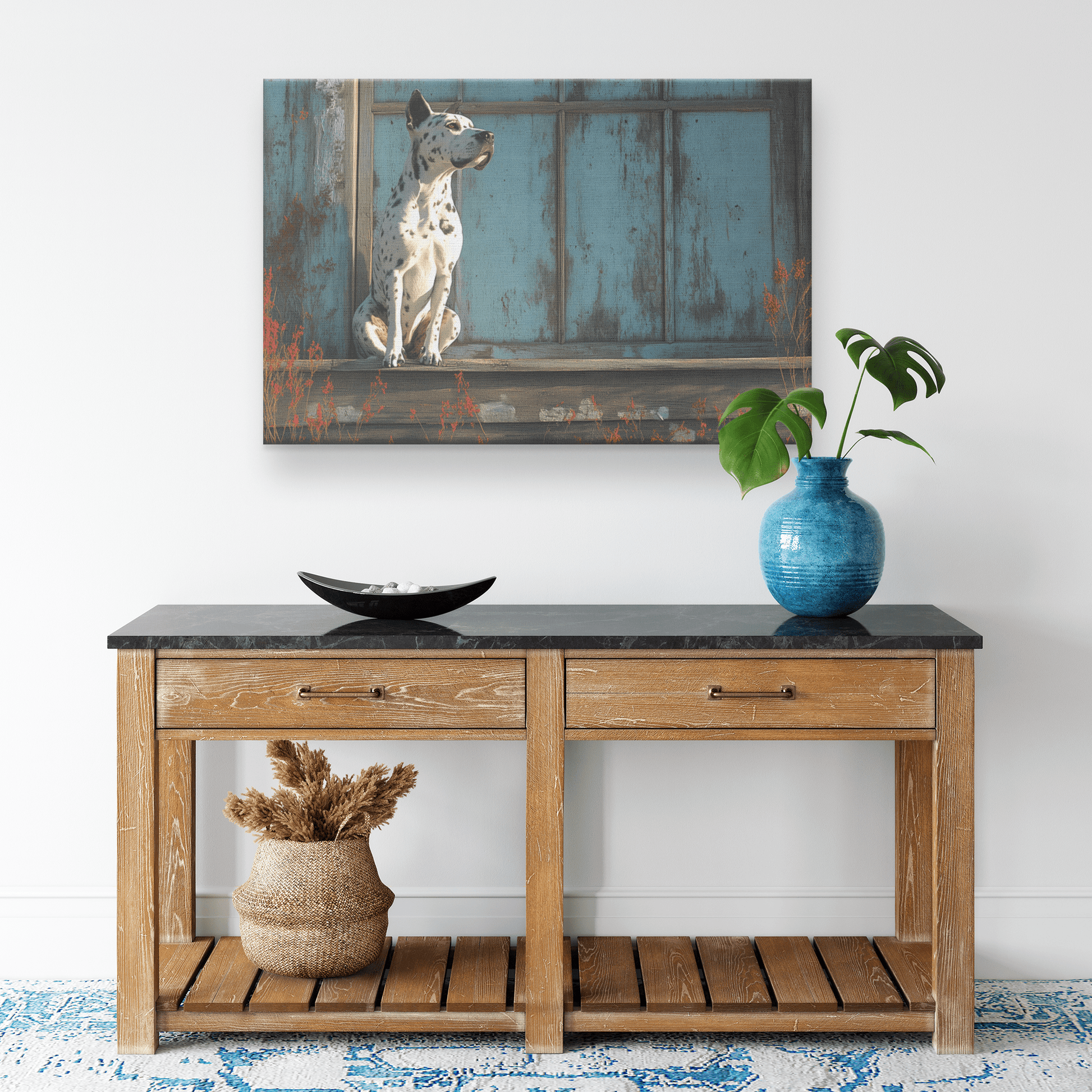 Great Dane Sitting On Rustic Wooden Porch With Shimmering Silver Textures And Glowing Reflections Canvas Wall Art Decor - Awakening Righteousness