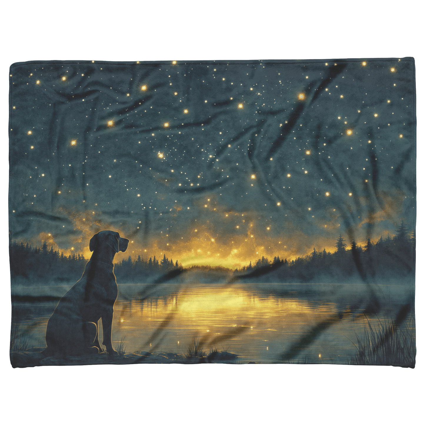 Great Dane Standing by Lake at Dusk Surrounded by Shimmering Stars and Cascading Silver Mist Fleece Sherpa Blanket - Awakening Righteousness