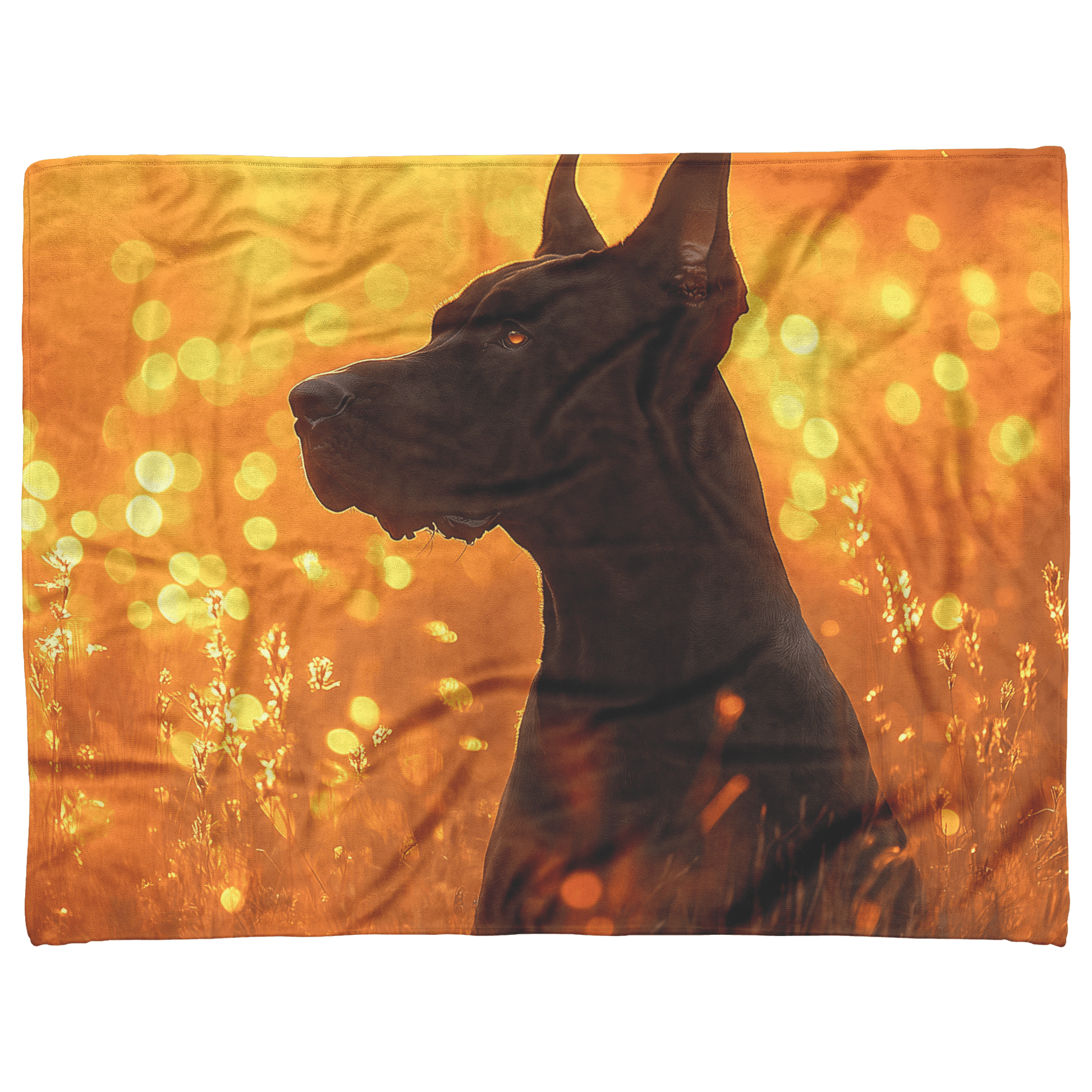 Great Dane Standing in Sunlit Meadow Surrounded by Shimmering Textures and Glowing Golden Light Trails Fleece Sherpa Blanket - Awakening Righteousness