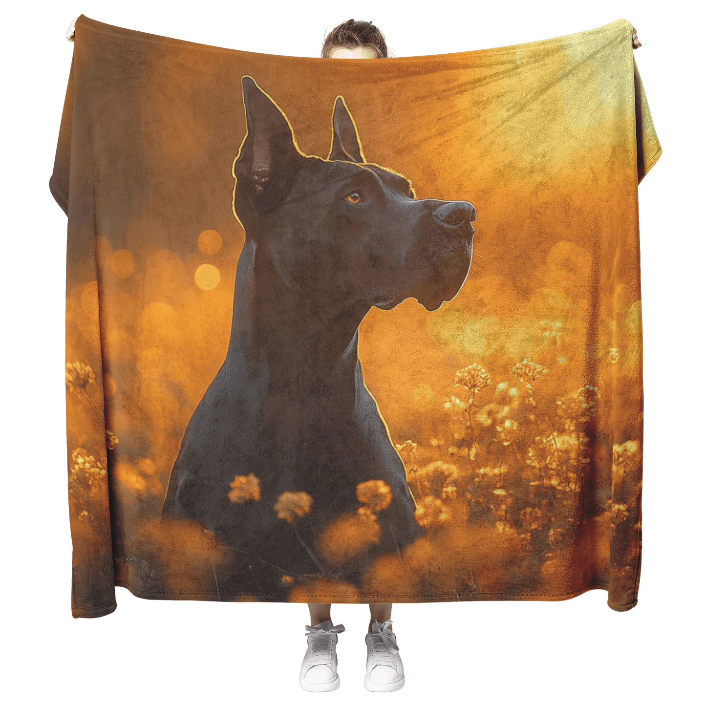 Great Dane Standing in Sunlit Meadow Surrounded by Shimmering Textures and Glowing Golden Light Trails Fleece Sherpa Blanket - Awakening Righteousness