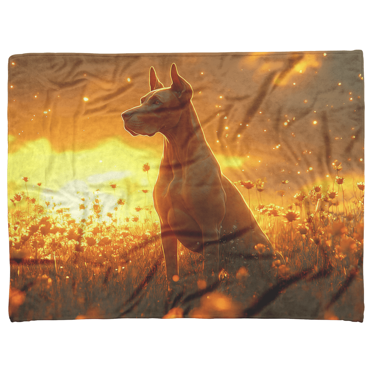 Great Dane Standing in Sunlit Meadow Surrounded by Shimmering Textures and Glowing Golden Light Trails Fleece Sherpa Blanket - Awakening Righteousness