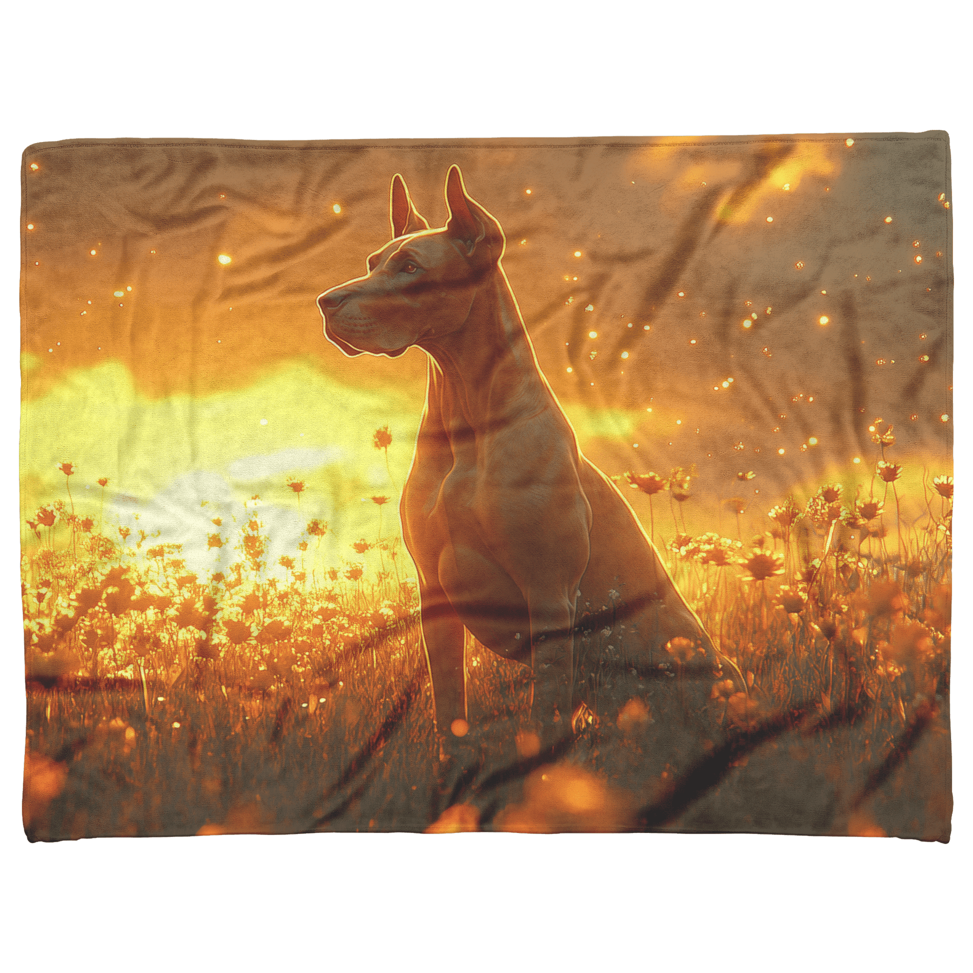 Great Dane Standing in Sunlit Meadow Surrounded by Shimmering Textures and Glowing Golden Light Trails Fleece Sherpa Blanket - Awakening Righteousness