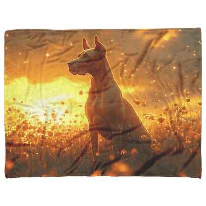 Great Dane Standing in Sunlit Meadow Surrounded by Shimmering Textures and Glowing Golden Light Trails Fleece Sherpa Blanket - Awakening Righteousness