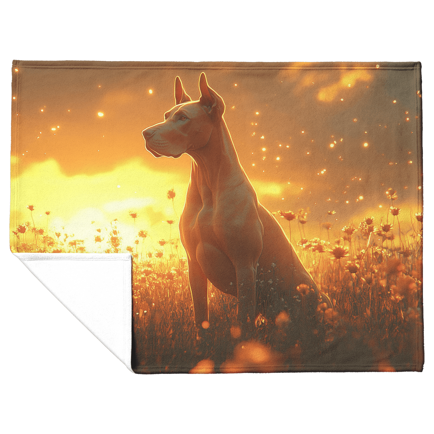 Great Dane Standing in Sunlit Meadow Surrounded by Shimmering Textures and Glowing Golden Light Trails Fleece Sherpa Blanket - Awakening Righteousness