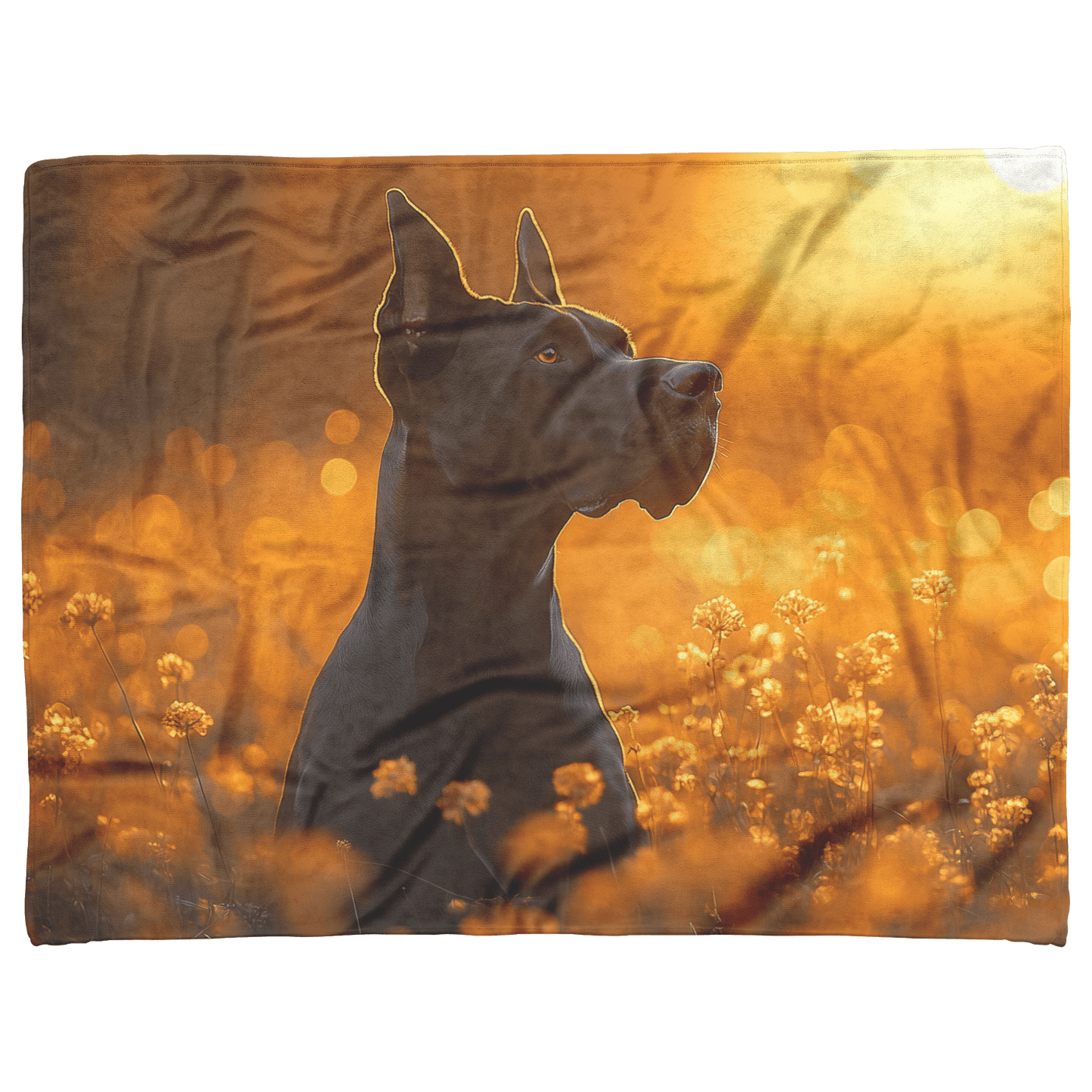 Great Dane Standing in Sunlit Meadow Surrounded by Shimmering Textures and Glowing Golden Light Trails Fleece Sherpa Blanket - Awakening Righteousness