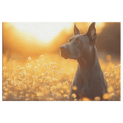 Great Dane Standing In Sunlit Meadow With Shimmering Textures And Glowing Golden Light Trails Canvas Wall Art Decor - Awakening Righteousness