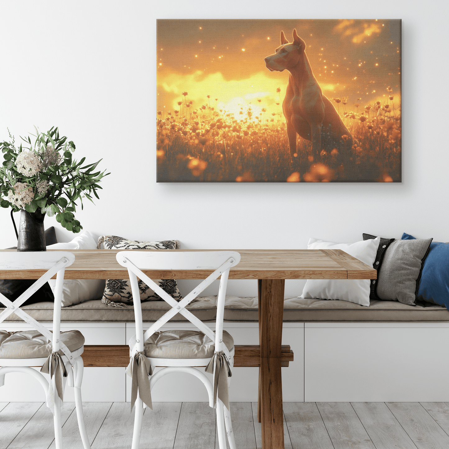 Great Dane Standing In Sunlit Meadow With Shimmering Textures And Glowing Golden Light Trails Canvas Wall Art Decor - Awakening Righteousness
