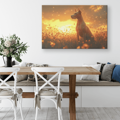 Great Dane Standing In Sunlit Meadow With Shimmering Textures And Glowing Golden Light Trails Canvas Wall Art Decor - Awakening Righteousness