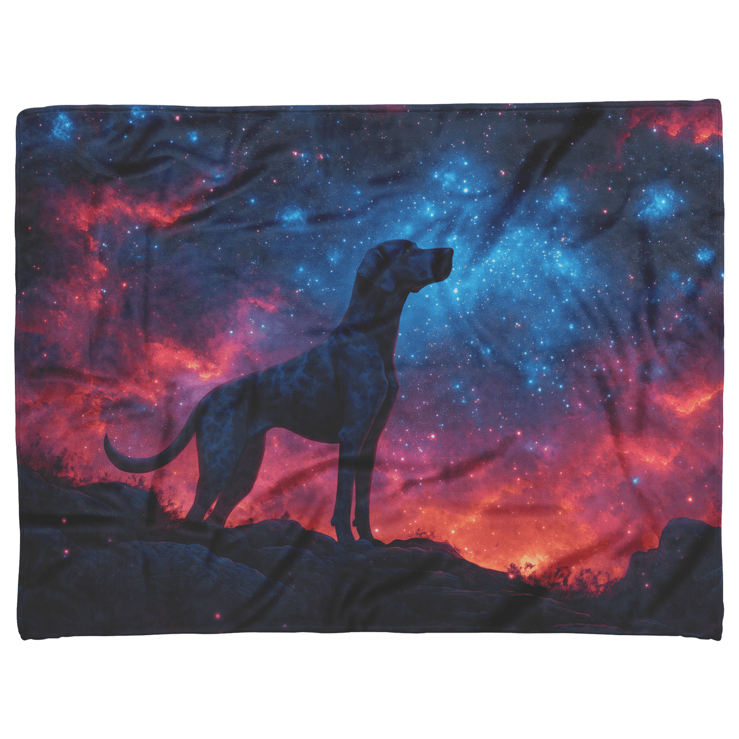 Great Dane Standing on Mountain Trail Surrounded by Shimmering Stars and Glowing Cosmic Reflections Fleece Sherpa Blanket - Awakening Righteousness