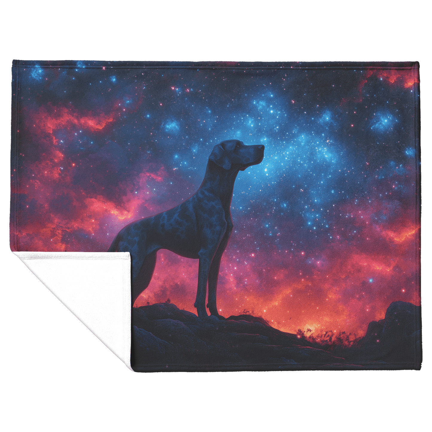 Great Dane Standing on Mountain Trail Surrounded by Shimmering Stars and Glowing Cosmic Reflections Fleece Sherpa Blanket - Awakening Righteousness