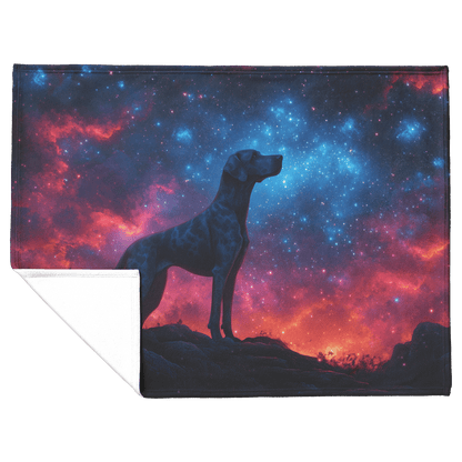 Great Dane Standing on Mountain Trail Surrounded by Shimmering Stars and Glowing Cosmic Reflections Fleece Sherpa Blanket - Awakening Righteousness