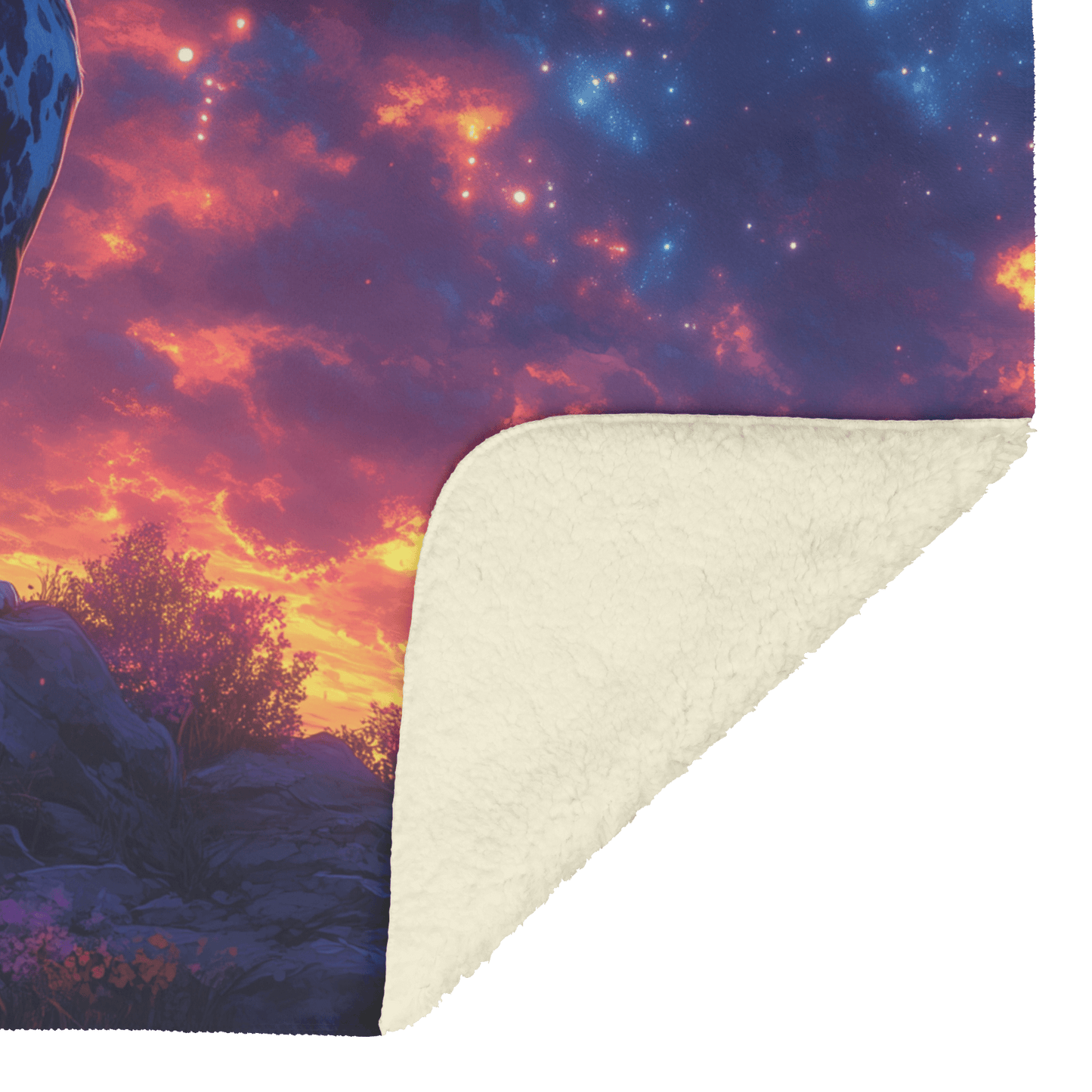 Great Dane Standing on Mountain Trail Surrounded by Shimmering Stars and Glowing Cosmic Reflections Fleece Sherpa Blanket - Awakening Righteousness