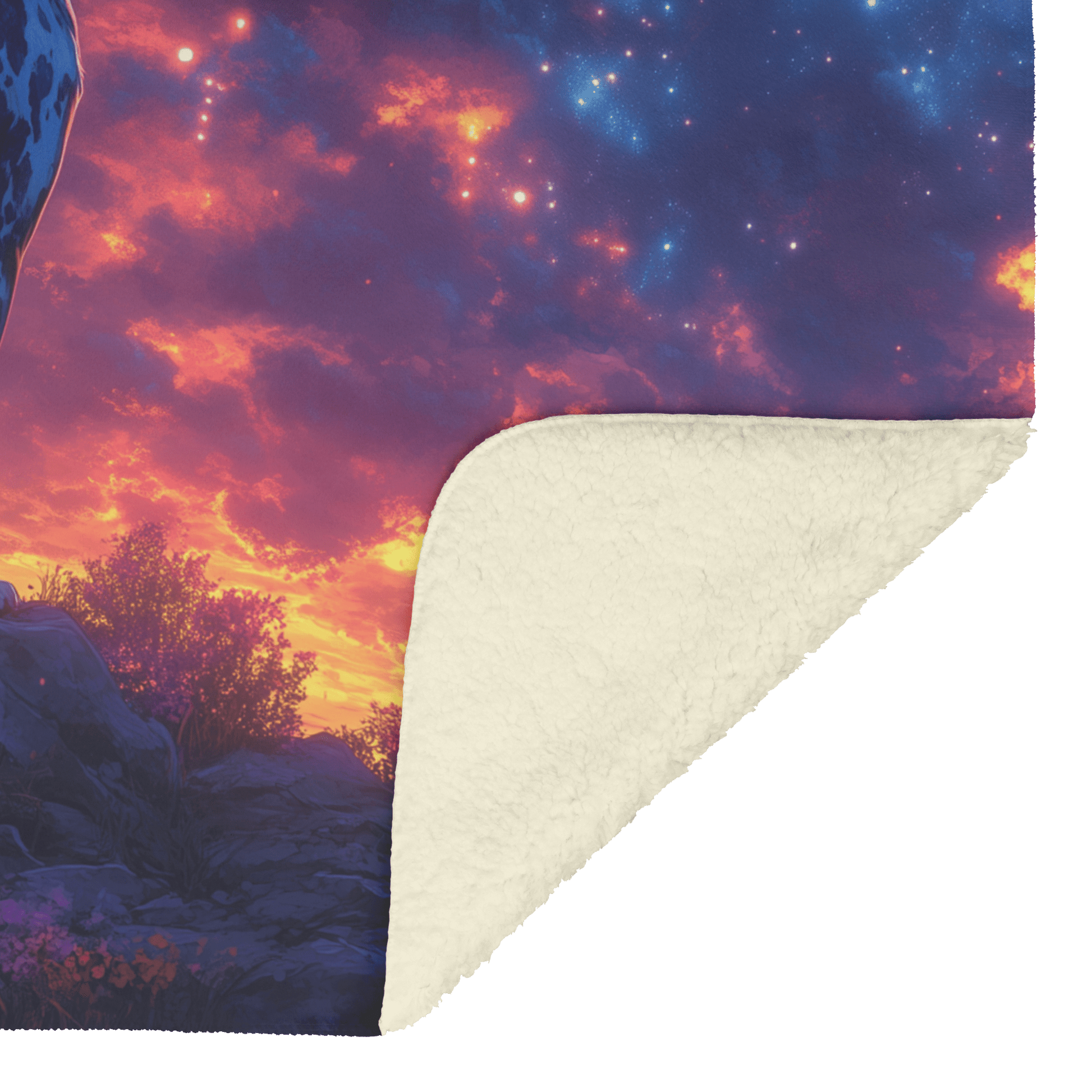 Great Dane Standing on Mountain Trail Surrounded by Shimmering Stars and Glowing Cosmic Reflections Fleece Sherpa Blanket - Awakening Righteousness