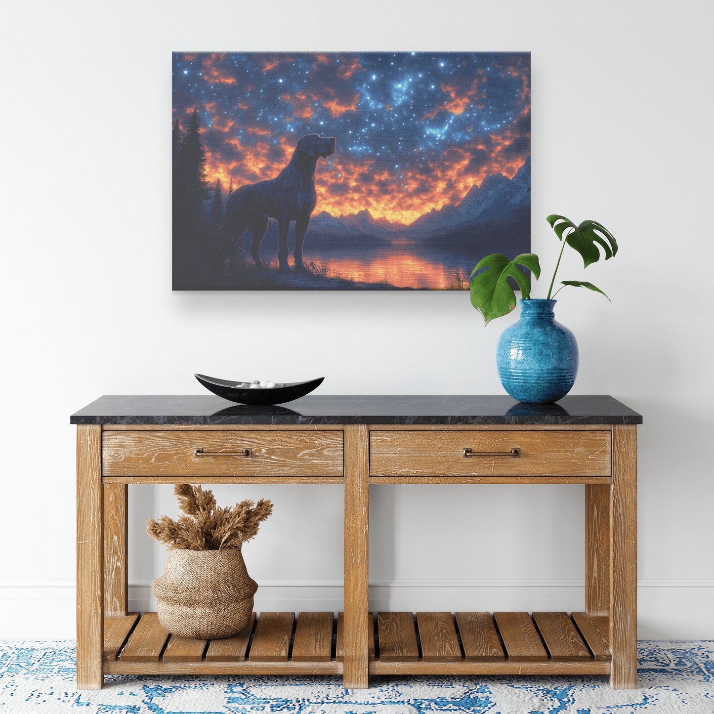 Great Dane Standing On Mountain Trail With Shimmering Stars And Glowing Cosmic Reflections Canvas Wall Art Decor - Awakening Righteousness