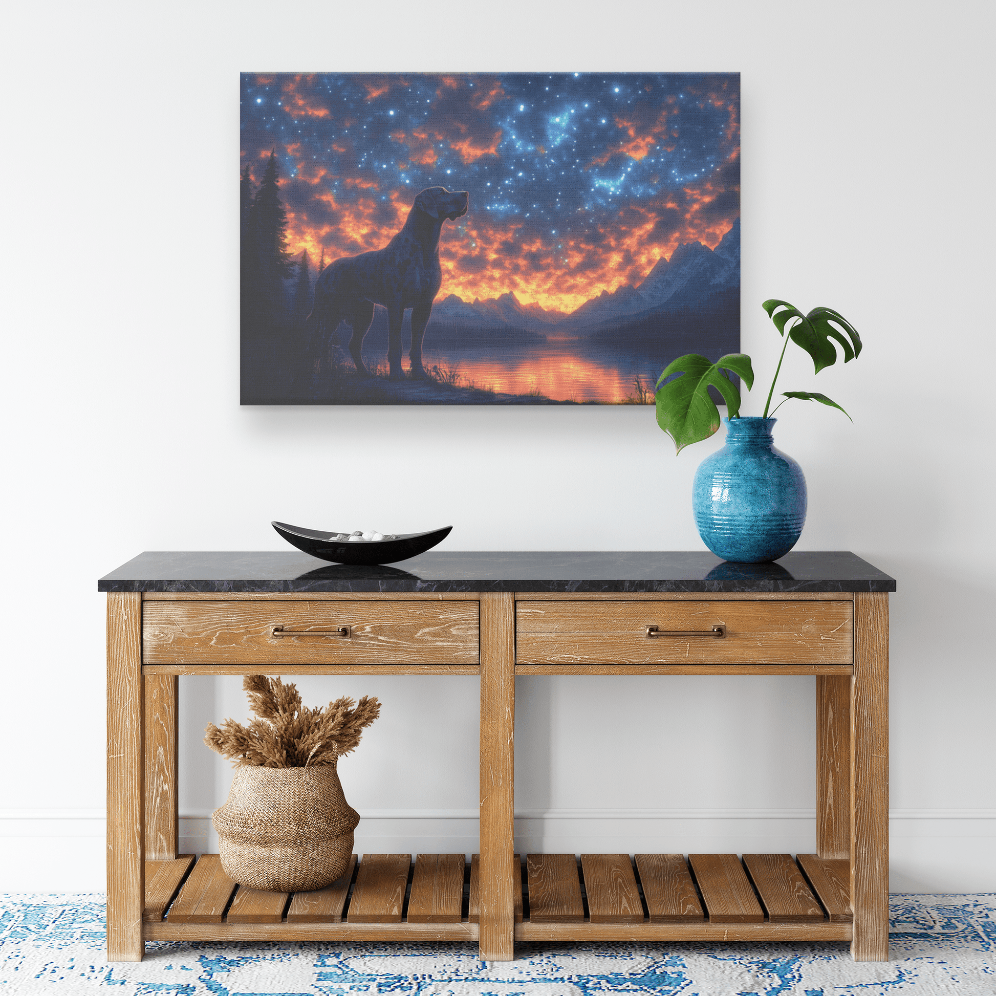 Great Dane Standing On Mountain Trail With Shimmering Stars And Glowing Cosmic Reflections Canvas Wall Art Decor - Awakening Righteousness