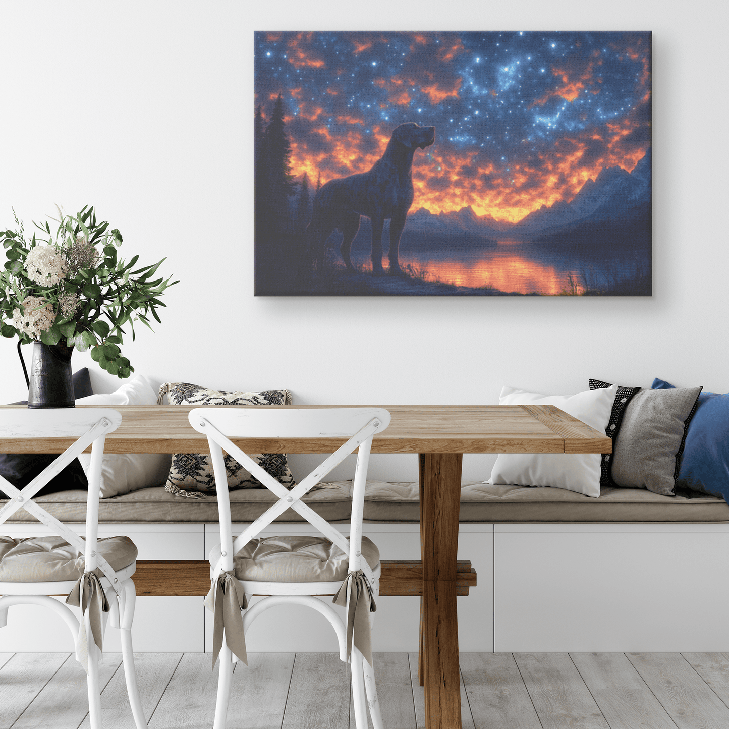 Great Dane Standing On Mountain Trail With Shimmering Stars And Glowing Cosmic Reflections Canvas Wall Art Decor - Awakening Righteousness