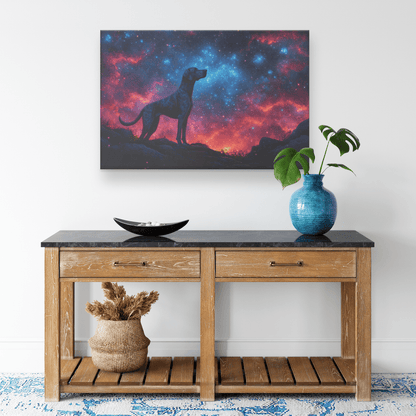Great Dane Standing On Mountain Trail With Shimmering Stars And Glowing Cosmic Reflections Canvas Wall Art Decor - Awakening Righteousness
