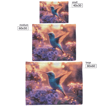 Green and Blue Hummingbird Surrounded by Glowing Purple Flowers in Bioluminescent Garden Under Twilight Sky Fleece Sherpa Blanket - Awakening Righteousness