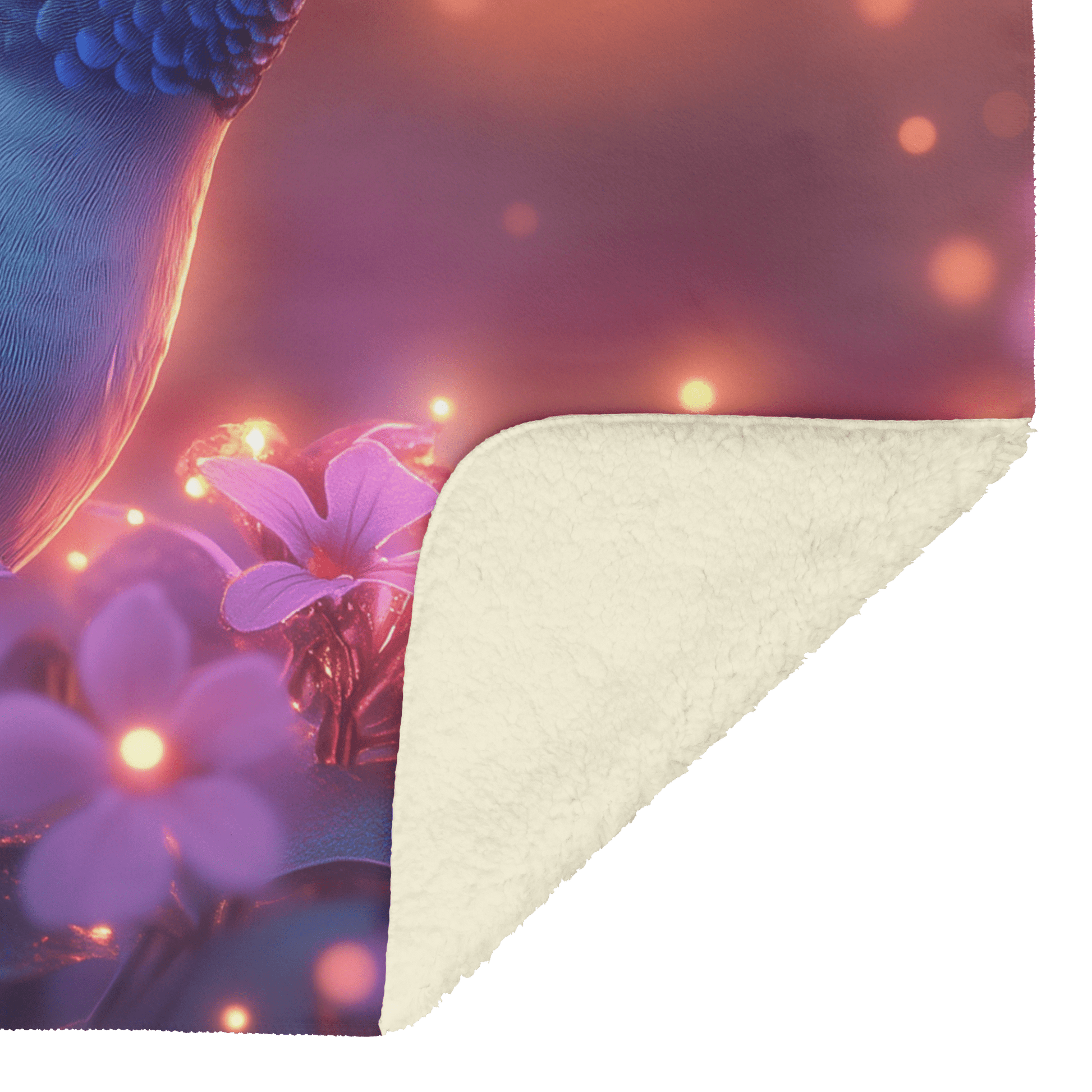 Green and Blue Hummingbird Surrounded by Glowing Purple Flowers in Bioluminescent Garden Under Twilight Sky Fleece Sherpa Blanket - Awakening Righteousness