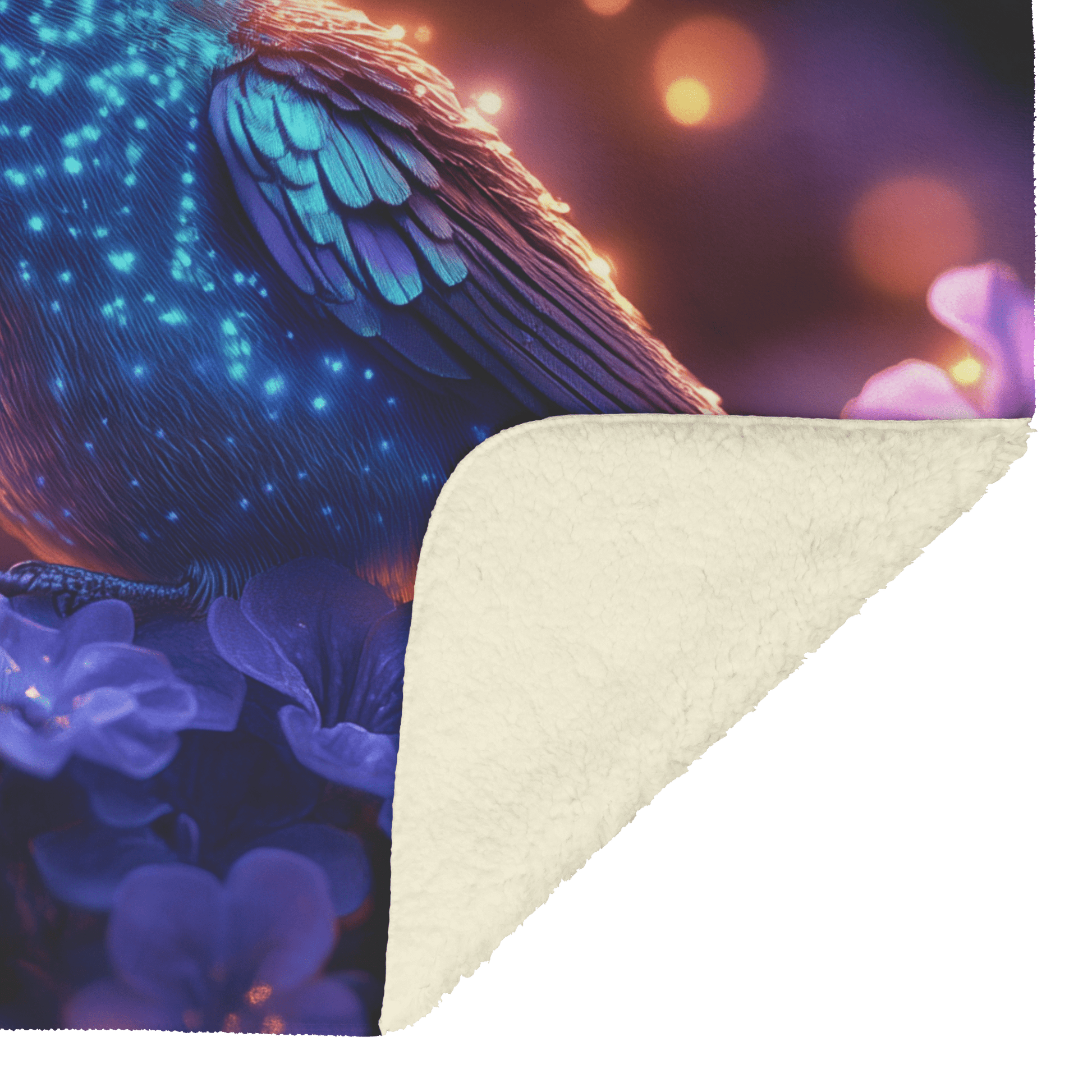Green and Blue Hummingbird Surrounded by Glowing Purple Flowers in Bioluminescent Garden Under Twilight Sky Fleece Sherpa Blanket - Awakening Righteousness