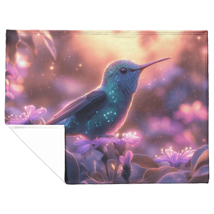 Green and Blue Hummingbird Surrounded by Glowing Purple Flowers in Bioluminescent Garden Under Twilight Sky Fleece Sherpa Blanket - Awakening Righteousness