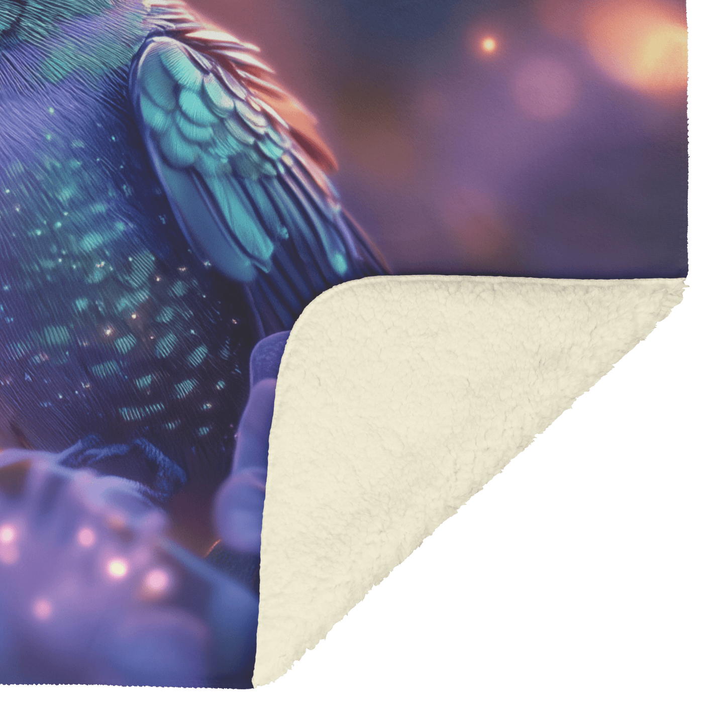 Green and Blue Hummingbird Surrounded by Glowing Purple Flowers in Bioluminescent Garden Under Twilight Sky Fleece Sherpa Blanket - Awakening Righteousness