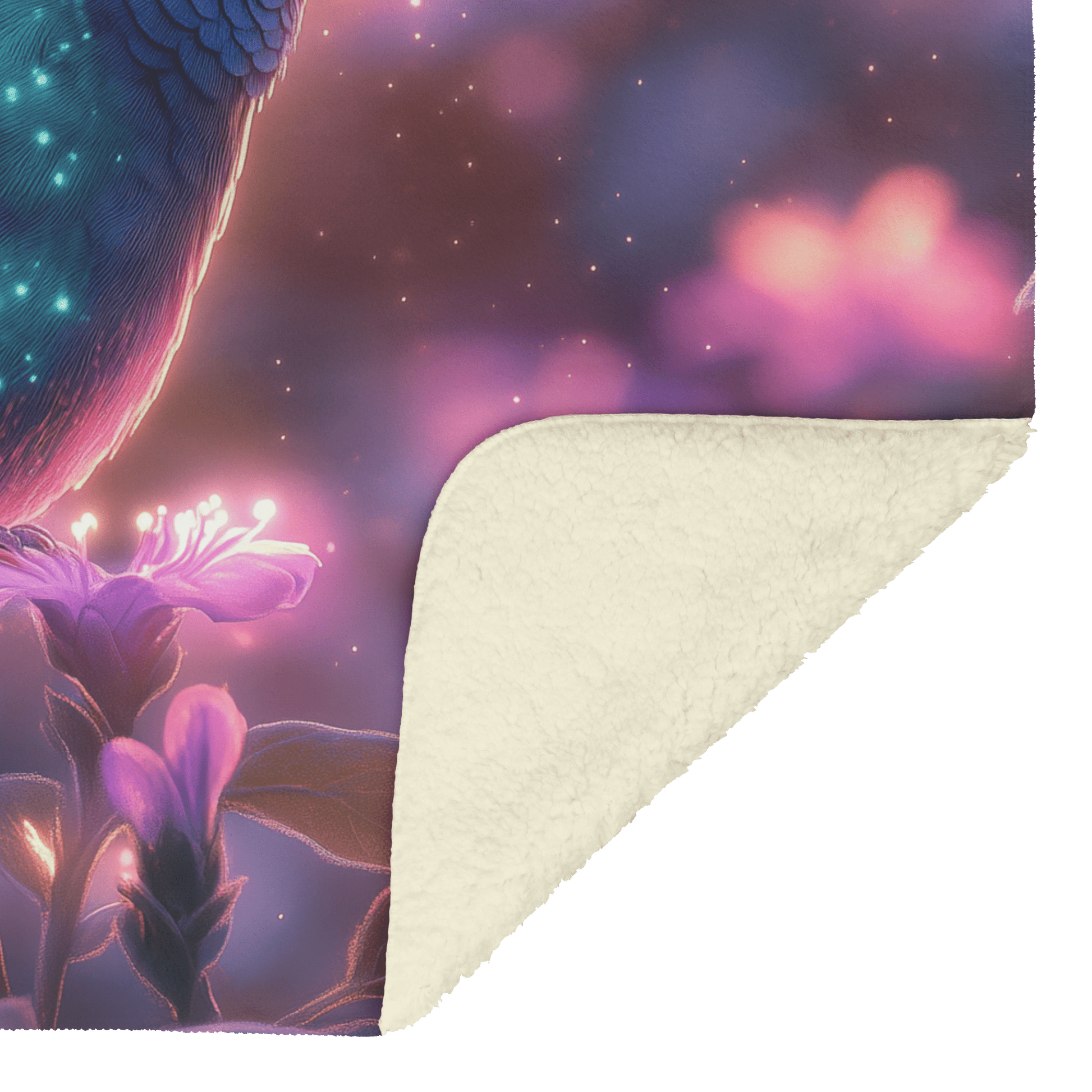 Green and Blue Hummingbird Surrounded by Glowing Purple Flowers in Bioluminescent Garden Under Twilight Sky Fleece Sherpa Blanket - Awakening Righteousness